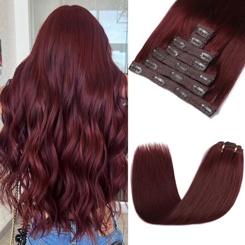Clip in Hair Extensions Real Human Hair - 18 Inch 120g 7pcs, Burgundy Red Color - Soft Remy Human Hair Clip in Extensions Straight Double Weft for Women (#99J 18 Inch)