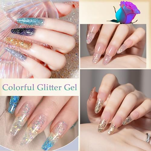 4 Pcs Glitter Nail Extension Gel Kit, Reflective Nail Polish Gel Acrylic Nail, Silver, Gold and Clear Colorful Glitter Gel Nail Extensions, Sparkle Gel Nail Extensions Kit UV/LED Needed for Home Salon