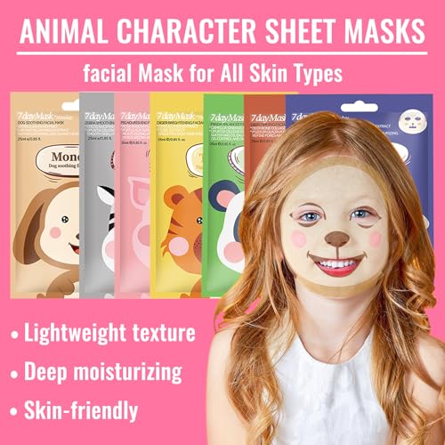 7 Pack Face Mask Skin Care for Kids, Animal Character Kids Face Mask, Spa Party Supplies for Girls, Sleepover Party Supplies for Girls, Teen Girl Gifts, Stocking Stuffers for Women