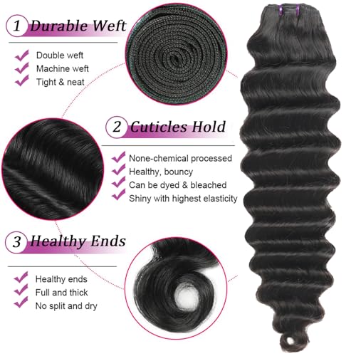 Loose Deep Wave Bundles with Closure 14 16 18 +12 Inch 100% Unprocessed Brazilian Virgin Hair Bundles with Closure Wet and Wavy Curly Weave 3 Bundles and Closure Natural Color for Women