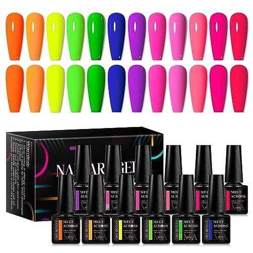 MEET ACROSS 12pcs Gel Nail Polish Set,Soak Off UV LED Lamp Gel Nail Polish Kit,Fashion Shimmer Nail Art Design Gifts for Women Manicure Salon (Neon series)