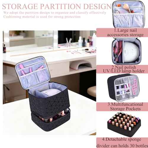 PU Leather Nail Polish Organizer, Double Layer Nail Polish Storage Holds 30 Bottles (15ml/0.5fl.oz) & Nail Lamp, Portable Nail Bag Organizer Case for Nail Tech Travel & Manicure Kit