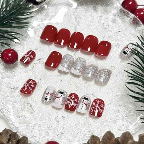 24Pcs Christmas Red Press on Nails Short Square Fake Nails with Silver Glitter Snowman Design Glossy Cute Christmas Nails Full Cover Stick on Nails Halloween Glue on Nails for Women Nail Art DIY