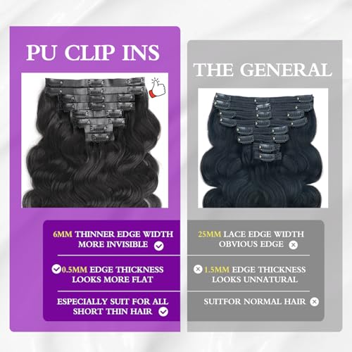 Seamless Body Wave Clip Ins Human Hair Extensions Invisible Weft Clip In Hair Extensions Real Human Hair 16Inch 8Pcs PU Clip ins Remy Hair for Women 18Clips 120g Natural Black