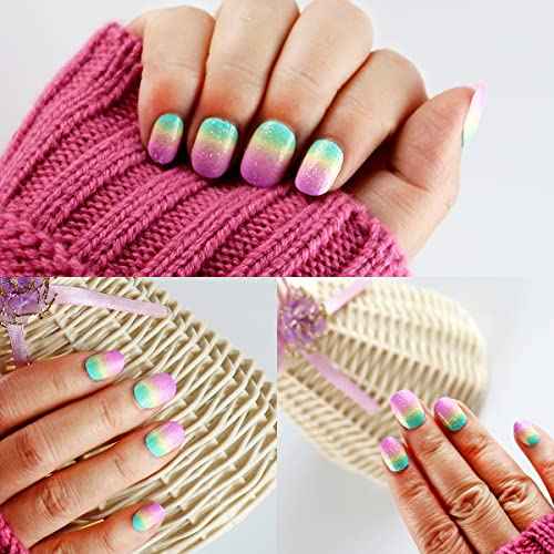 24 Pcs Rainbow Kids Press on Nails Pre-glue Children False Nails Short Oval Full Cover Artificial Fake Nails Gradient Glitter Acrylic Nail Tips for Little Girls Gift (Rainbow Pink)