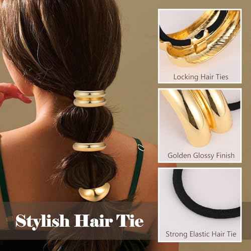 papasgix 3-Pack Metal Hair Ties - Gold & Silver Ponytail Hair Cuffs for Women (Gold Set 02)