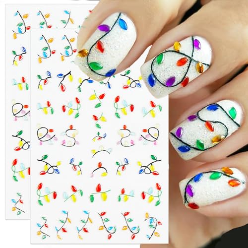 Embossed Christmas Nail Art Stickers, 5D Self-Adhesive Colorful Light String Design for Holiday Nail Decals, Pegatinas U?as Navidad DIY Decorations (2 Sheets)
