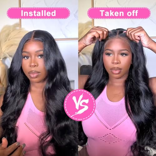 Wear and Go Glueless Wigs Human Hair Pre Cut HD Lace 5X5 Body Wave Lace Wigs Human Hair Pre Plucked 180% Density 3 Seconds to Wear Glueless Wigs for Beginners 28 Inch, Black