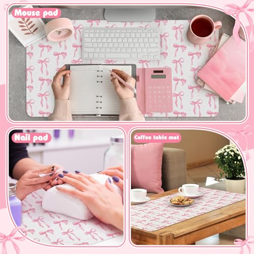 Coquette Bow Makeup Mat for Vanity Top Protector, Dual Sided Leather Vanity Waterproof Desk Pad Dressing Blotter Mat Nonstick for Women Home Office Decor Work(Pink,15.7" X 31.5")