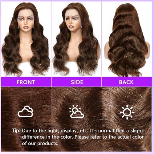 250% Density Body Wave Wigs Human Hair Pre Plucked 22 Inch Chocolate Brown Lace Front Wig Human Hair Brown Wig Pre Plucked Colored Frontal Wigs Human Hair
