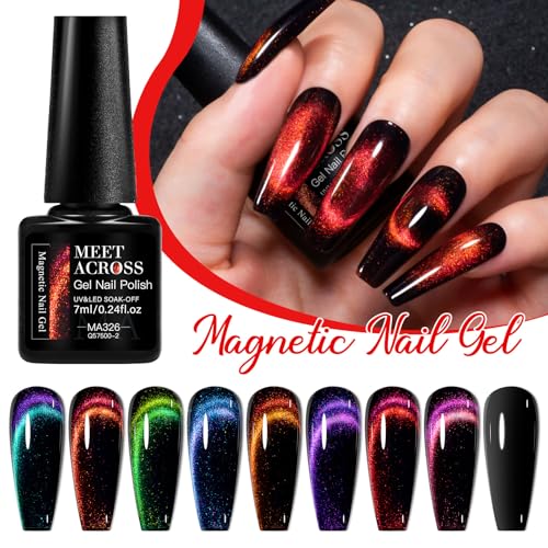 MEET ACROSS 12D Cat Eye Gel Nail Polish Set, Colorful Holographic Cat Eye Glitter Gel Polish Blue Purple Green Nail Gel Polish Kit with Base Top Coat and Magnet Soak Off Nail Art Gel DIY Salon Gift
