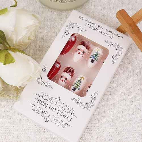 Christmas Press on Nails for Women Girls Holiday Manicure, Short Almond Fake Nails with 3D Pearl Christmas Tree Designs, Full Cover Reusable Acrylic False Nails 24Pcs