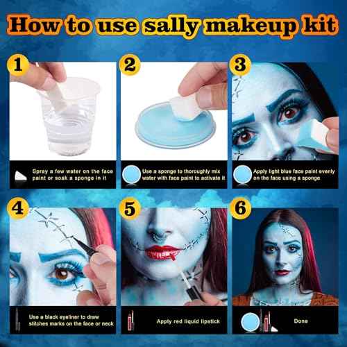 4 Pcs Sally Makeup Kit,Corpse Bride SFX Halloween Baby Blue ,Water Activated Face Paint Makeup Kit,Sally Face Costume Women Cosplay,Light Blue Body Paint+Eyeliner+Lipstick+Sponge