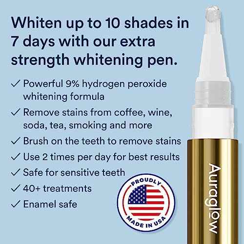 Auraglow Extra Strength Teeth Whitening Pen, 9% Hydrogen Peroxide, 40+ Whitening Treatments, Whitens Teeth Fast, No Sensitivity, 4mL