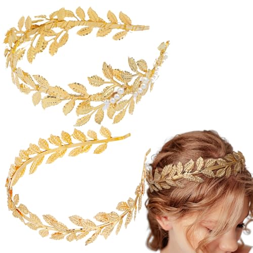 2 Pcs Greek Gold Color Leaf Headbands Goddess Crown Bridal Headband Baroque Vintage Golden Olive Leaves Hair Loop for Wedding Hair Accessories Queen Hair Decoration for Women Girls (Gold, Standard 1)