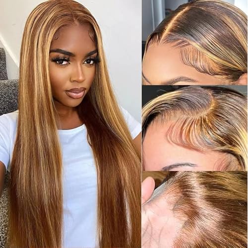26inch Ombre Lace Front Wig Human Hair Highlight 13x6 Straight Lace Front Wigs 180% Density 4/27 Colored Honey Blonde Lace Frontal Wigs