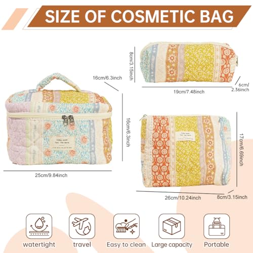 Generic Quilted Makeup Bag Set, Cute Cotton Floral Cosmetic Bags, 3 in 1 Set, Travel Toiletry Organizer