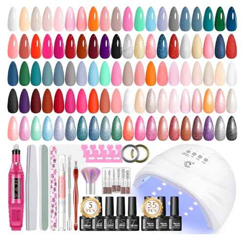 PEACECOLOR 53PC Gel Nail Polish Kit with U V Light and Drill, 35 Colors All Season Gel Polish Set Starter Kits with 5pc Matte Glossy Glitter Base Top Coat Complete Manicure Tools Home Salon Women