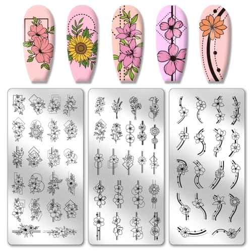 PH PandaHall 3pcs Border Flowers Nail Stamp Plates, Geometric Line Flowers Nail Stamper Plant Nail Art Stencils Print Nail Stencils Stainless Steel Nail Image Plate for Nail Art Design Manicure Salon