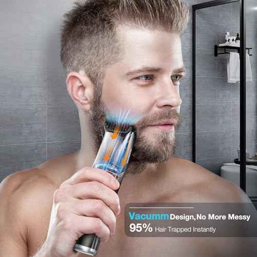 VivaEase Vacuum Beard Trimmer for Men - 90min Cordless IPX6 Waterproof/Smart Hair Collector, 2 Combs 20mm Adjustable Combs & SkinSafe Precision Blades