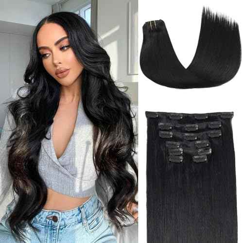 BELLECHO Clip in Hair Extensions Real Human Hair 18 Inch 120g 7Pcs – 100% Remy, Double Drawn Ends for Full Volume, Jet Black Clip ins for Women, Soft Feel & Natural Look