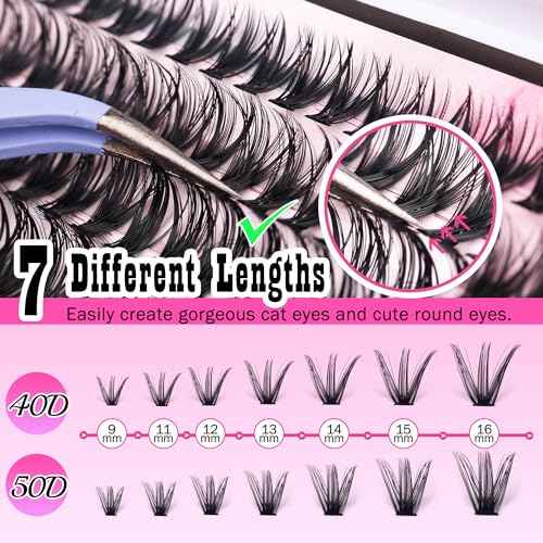 FANXITON DIY Lash Extension Kit Volume Lash Clusters 40D+50D D Curvature Individual Lashes Lash Clusters Kit Thick Eyelash Extension Kit 280 pcs Thin Band Cluster Lashes Lash Bond and Seal Tweezers