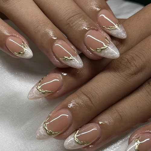 Almond Press on Nails Short Fake Nails White French Glue on Nail Glod & Brown Full Cover Acrylic Nails Smudge Reusable False Simple Stick on Nail for Women 24 Pcs