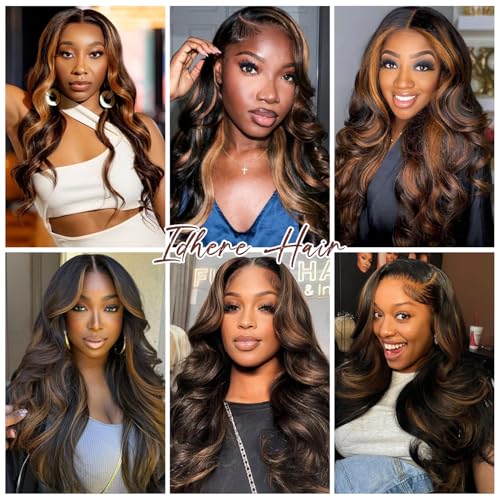 IDHERE 22 Inch Ombre Lace Front Wig Human Hair Pre Plucked 1B/30 Highlight 13x4 Lace Front Wigs Human Hair 180% Density Body Wave Colored Wigs Brown Glueless HD Lace Frontal Wigs for Women