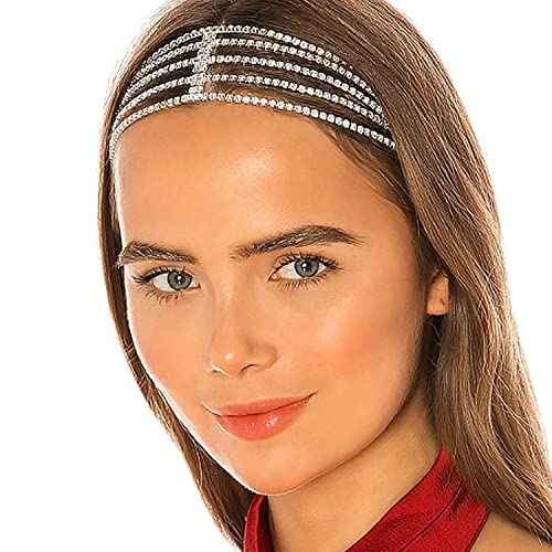 NAISKA Silver Crystal Rhinestone Head Chain Multi Layered Elastic Adjustable Rhinestone Hair band Wedding Bridal Forehead Headpieces Caps Party Prom Hair Jewelry for Women and Girls
