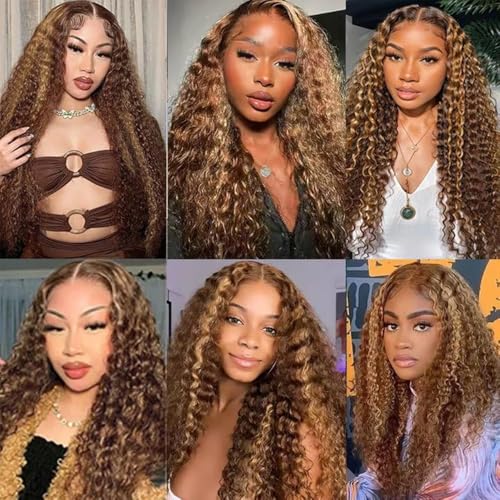 Brown Human Hair Bundles P427 Highlight Honey Blonde Curly Wave 3 Bundles Human Hair 30 32 34 Inch Double Weft Grade 12A Unprocessed Virgin Remy Hair 2 Tone #4 Mixed With Color 27 50g Per Bundle