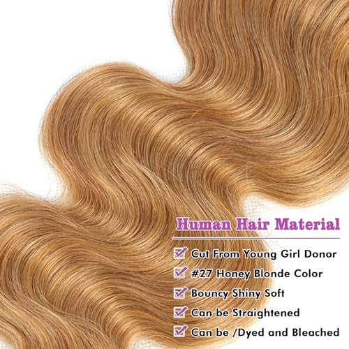 Vallbest Honey Blonde Bundles Human Hair #27 Body Wave Bundles 16 18 20 Inch 3 Bundles 100% Unprocessed Brazilian Virgin Hair 12A Virgin Raw Remy Weave Human Hair Extensions for Women