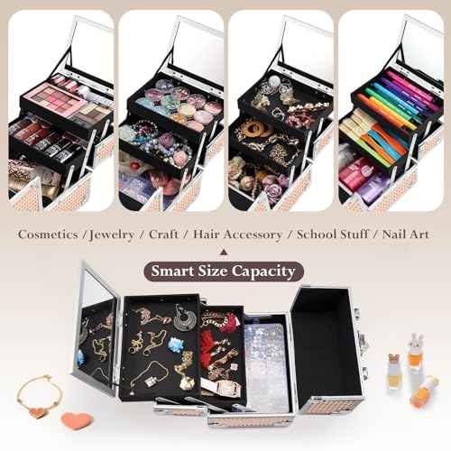 FRENESSA Makeup Case Train Case Portable Makeup Box with Mirror Lock Box Travel Cosmetic Train Cases Hard Makeup Organizer for Nail Craft Storage Vanity Rose Gold
