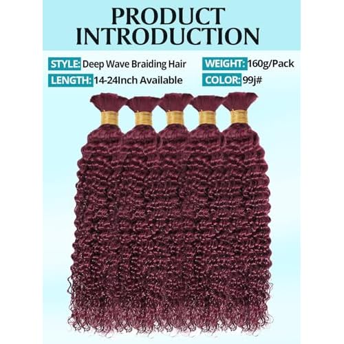 160g 5 Bundles/Pack Burgundy Human Braiding Hair for Boho Braids 20 Inch Curly Boho Hair for Braiding Knotless 12A Deep Wave Bulk Bohemian Color 99J