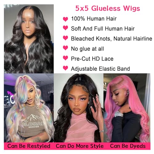 5x5 HD Lace Closure Wigs Glueless Wigs Human Hair Pre Plucked Pre Cut Human Hair Wear and Go Body Wave Lace Front Wigs Human Hair for Black Women 180 Density 20 Inch