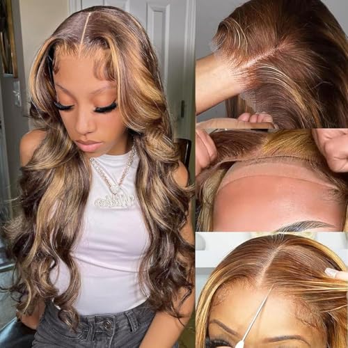 22 Inch 5x5 HD Lace Closure Wigs Human Hair Body Wave Wear and Go Glueless Wigs Pre Plucked Pre Cut P4/27 Honey Blonde Highlight Ombre Lace Front Wig Human Hair Wig 180% Density