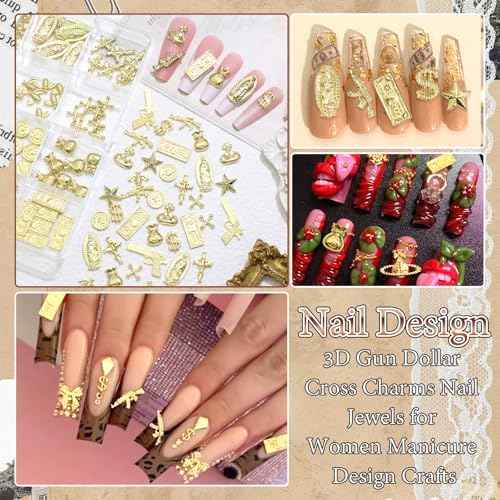 BELICEY 120Pcs 3D Gold Nail Charms, 12Styles Alloy Dollar Gun Coin Nail Art Charms, Golden Punk Star Cross Virgin Mary Charms for Nails, Mix Nail Jewelry Rhinestones for Nails Design Manicure Crafts