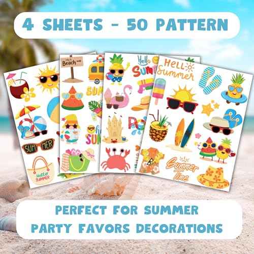 50 PCS Summer Party Temporary Tattoos for Kids, Hawaiian Luau Themed Tattoos for Birthday Party Supplies Pool Party Tropical Beach Tattoo Stickers for Kids Boys Girls Party Bag Filler