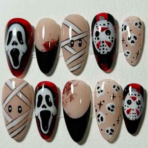 Halloween Press on Nails Medium Almond Fake Nails Horror Ghost Design Skull Mummy Bandage Full Cover Stick on Nail Black French Tip Glue on Nails Gothic Halloween Handmade Nails for Women 24Pcs