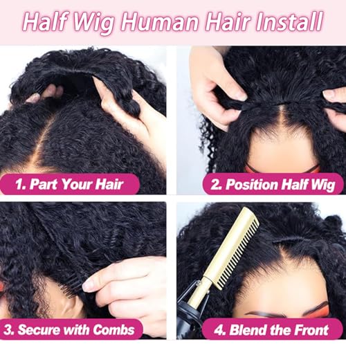 SENSAIRUITE Deep Wave Half Wig Human Hair Curly Half Wigs for Women - Upgrade Drawstring 3 in 1 Seamless Flip Over Glueless Wig 18-inch Natural Black