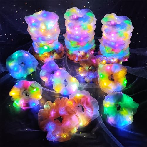 36Pcs Light Up Scrunchies, LED Double Layer of Fabric Hair Ties for Girls, Rave Neon Party Favors Hair Accessories for Women, Glow in The Dark Party Supplies for Birthday Halloween Christmas
