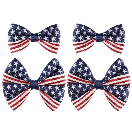 4 Pcs Girls American Flag Hair Bow Clips Patriotic Red White and Blue Stars Stripes Alligator Hair Pins Barrette July Fourth Independence Memorial Day Outfit Decor Accessories Gift