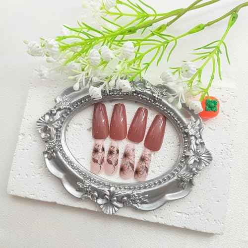 Medium Press On Brown Glossy Glue On Nails - 24Pcs Winter Fall Acrylic False Nails with Floral Designs