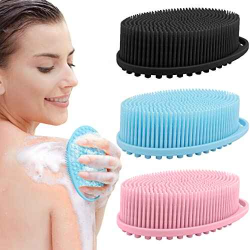 3 Pack Silicone Body Scrubber, Exfoliating Soft Loofah, Scrubber Fit for Sensitive and All Kinds of Skin, Clean Sanitary, Rapid Foaming Black+blue+pink