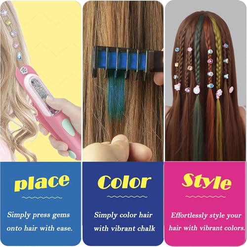 Hair Gem Stamper Kit with Reusable Bling Jewels & Washable Chalk - Girls Hair Styling Toys, Creative DIY Accessories, Birthday Gifts for Ages 5-12 (Light Hair Friendly)