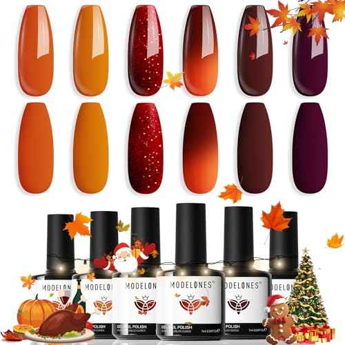 modelones Gel Nail Polish Set, 6 Colors 2025 Fall Winter Thanksgiving Maple Burnt Orange Brown Maroon Burgundy Red Glitter Gel Polish Cherry Mocha Turkey Pumpkin Color Changing Nail Polish LED Gift