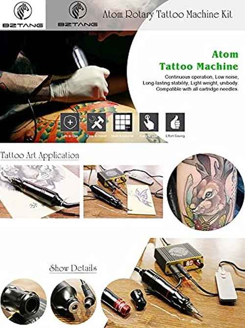 BZTANG Complete Beginner Tattoo Kit Motor Pen Machine USA Color Inks Power Supply Set Needles (black)