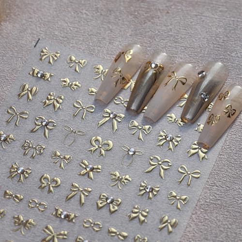 5D Embossed Bow Nail Stickers - Gold Bow Nail Art Decals with Rhinestone Knot Designs for Women's Manicure