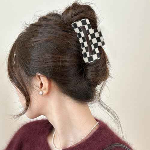 1 Pack Checkered Square Shaped Hair Clip Strong Hold Y2K Hair Claw Clip Non Slip Hair Jaw Clips Strong Hold Black White Checkered Hair Barrettes Cute Hair Accessories for Women Girls Daily Wear
