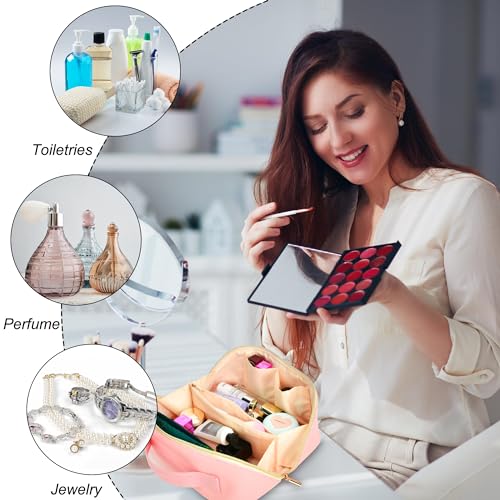 for Christmas Day Gifts, Makeup Bag for Women, PU Leather Travel Toiletry Bags, Initial Make Up Cosmetic Pouch for Teen Girls, Wide Open Portable Skincare Bag, Personalized Birthday Gifts, Pink