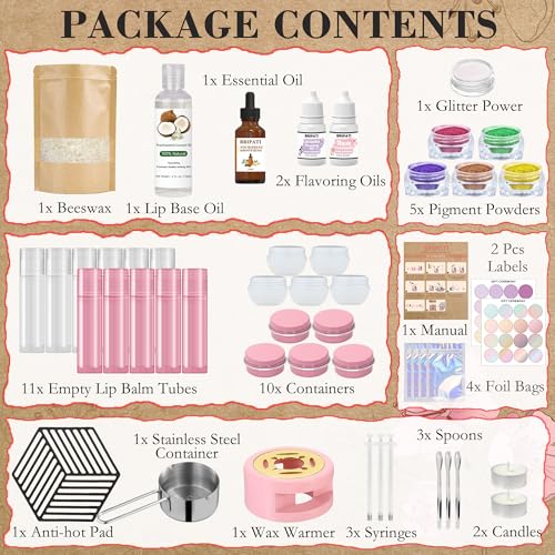 DIY Lip Balm Making Kit for Adults to Make Your Own Moisturizing Lip Balms with Natural Beeswax, Lip Base Oil, Essential Oil, Empty Lip Balm Tubes Jars, Birthday Christmas Mother¡¯s Day Gift